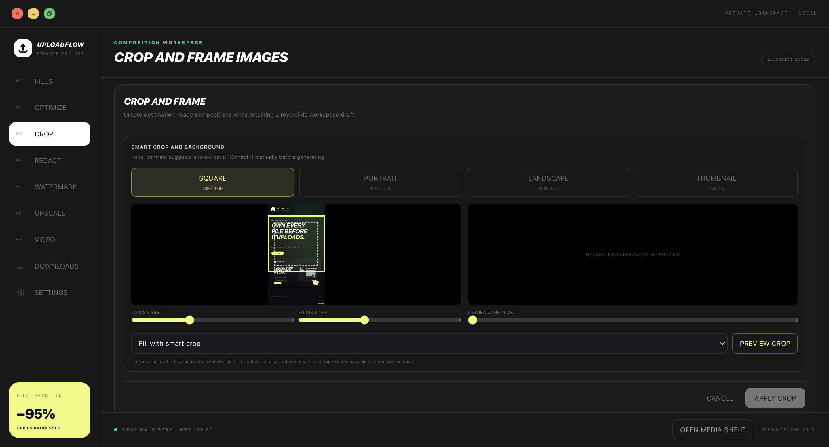 Crop for the destination shown in UploadFlow
